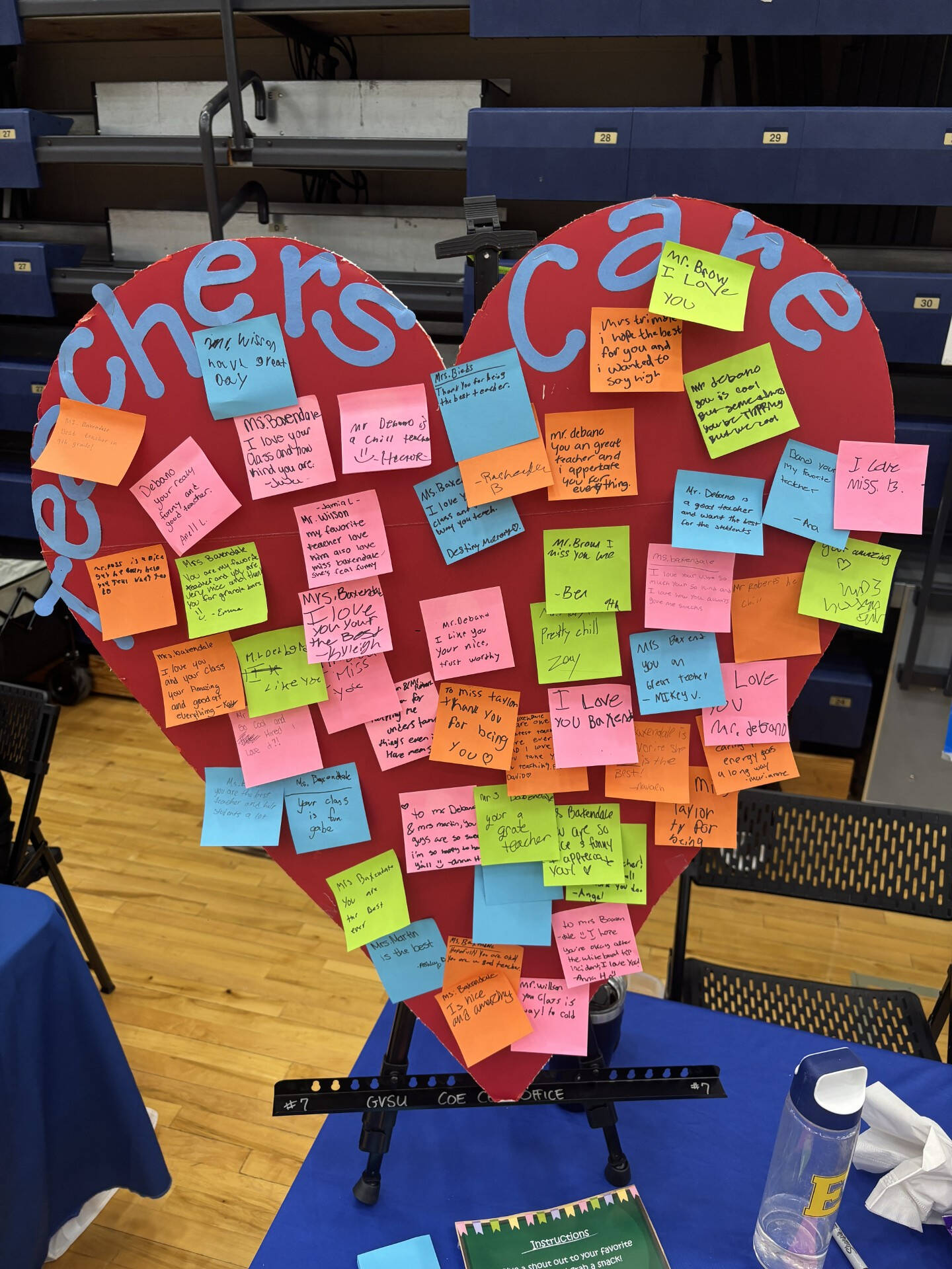 "Teachers Care" heart with post-it notes students wrote for their favorite teachers